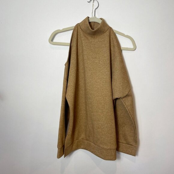 J.O.A. Womens Cold Shoulder Pullover Sweatshirt Brown XS Mock Neck Side Slit - Picture 3 of 8